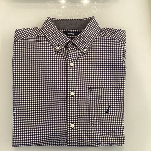 Nautica Men’s Med. Blue Check Button Down Shirt In Excellent Preowned Condition - Picture 1 of 6